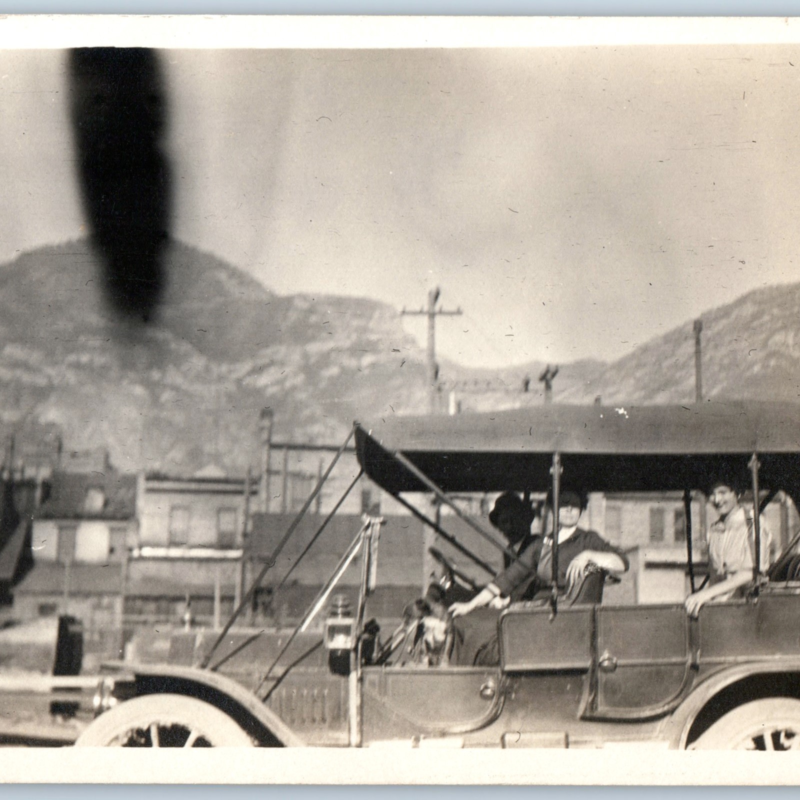 c1910s Antique Touring Car RPPC Girls Smiling Mountain Town Real Photo Postcard
