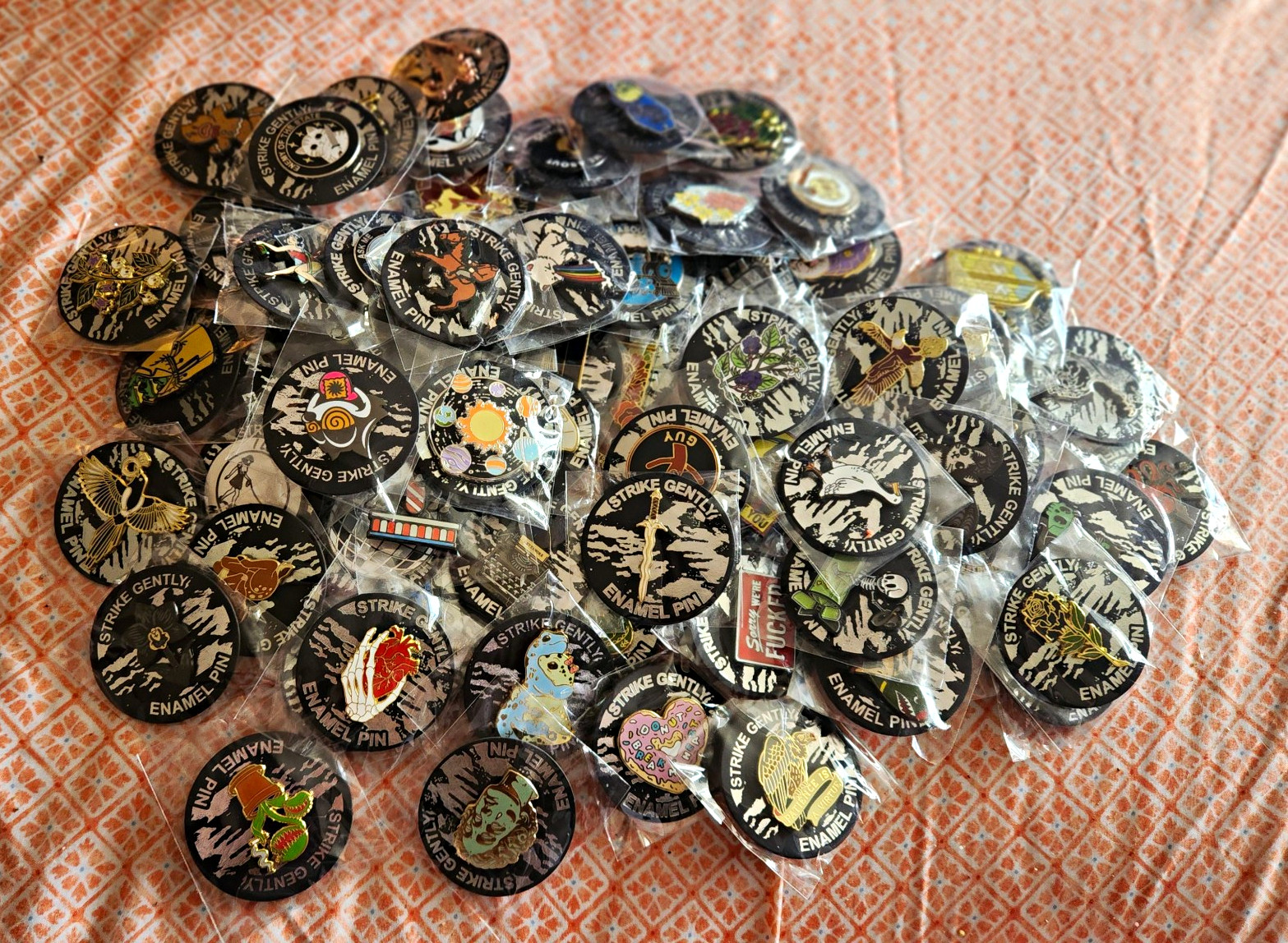 Random Lot Of 100 Enamel Pins From Strike Gently, Brand New Never Used Or Worn