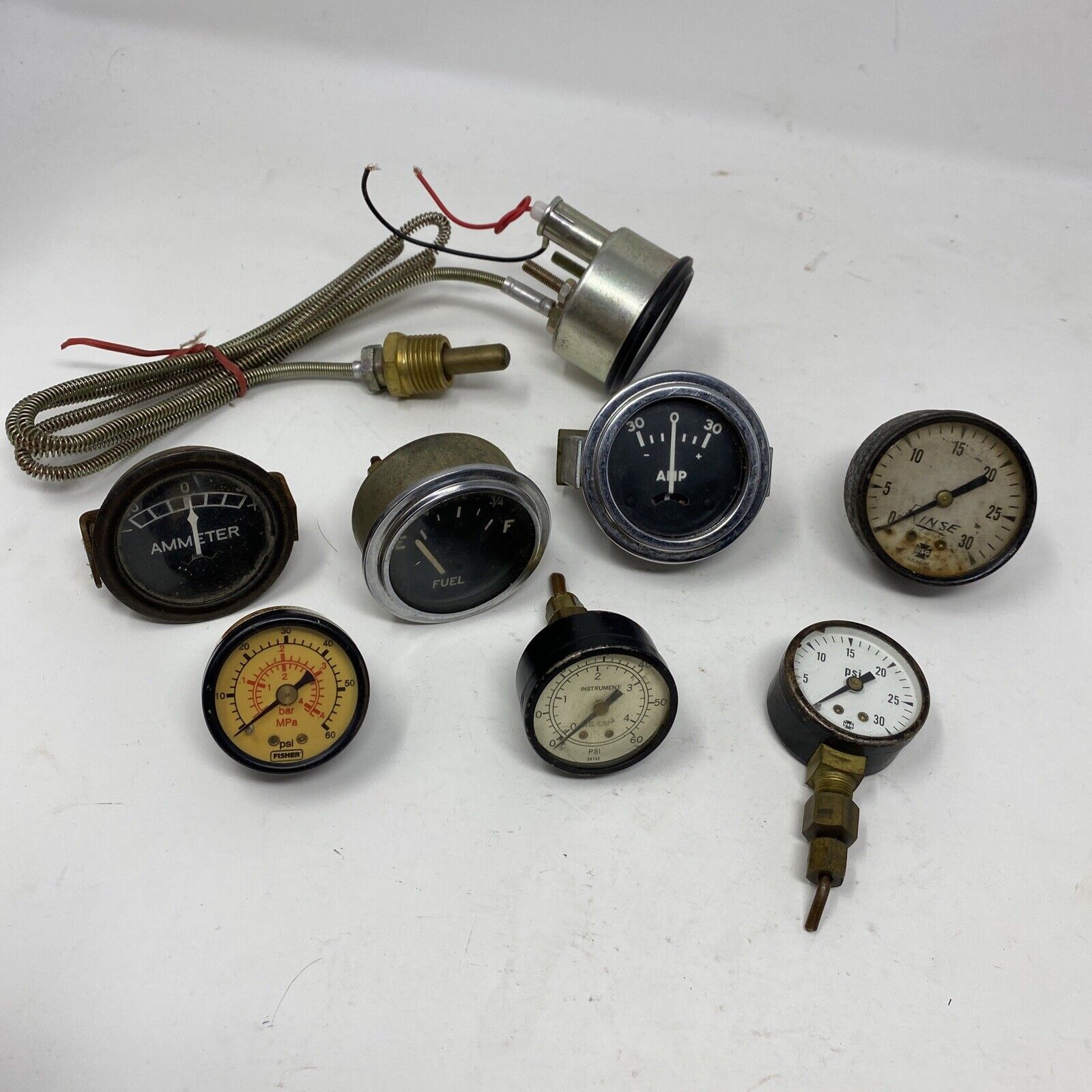 Lot of 8 vintage antique steampunk pressure gauges various brands Fuel Psi Usg