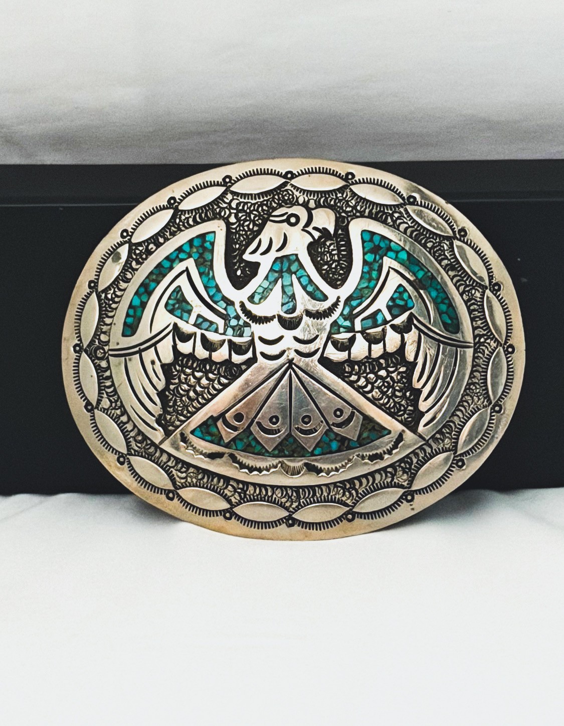 Rare J. Nezzie Navajo 65g Silver Turquoise  Chip Inlay, Eagle BeltBuckle, Signed