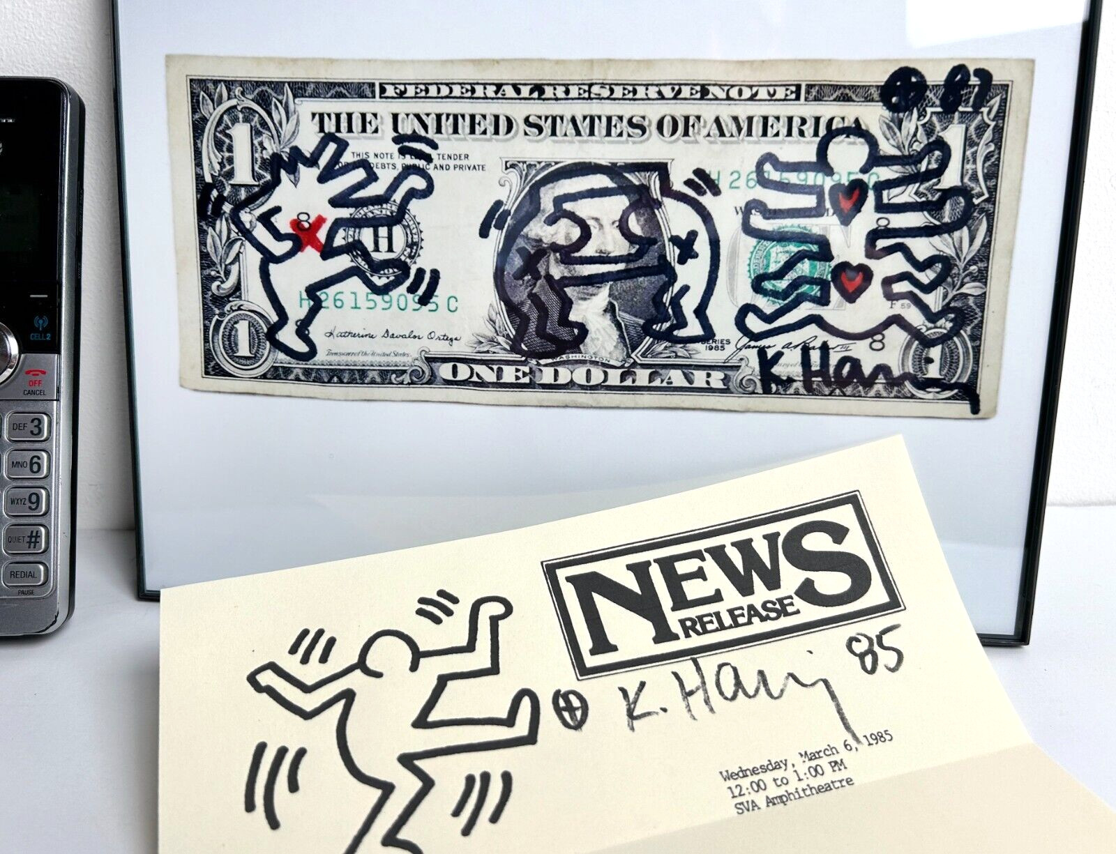 KEITH HARING - Signed Dollar Bill 1987 w/ Signed Flyer 1985 two Red Hearts KEITH HARING - Signed Dollar Bill 1987 w/ Signed Flyer 1985 two Red Hearts