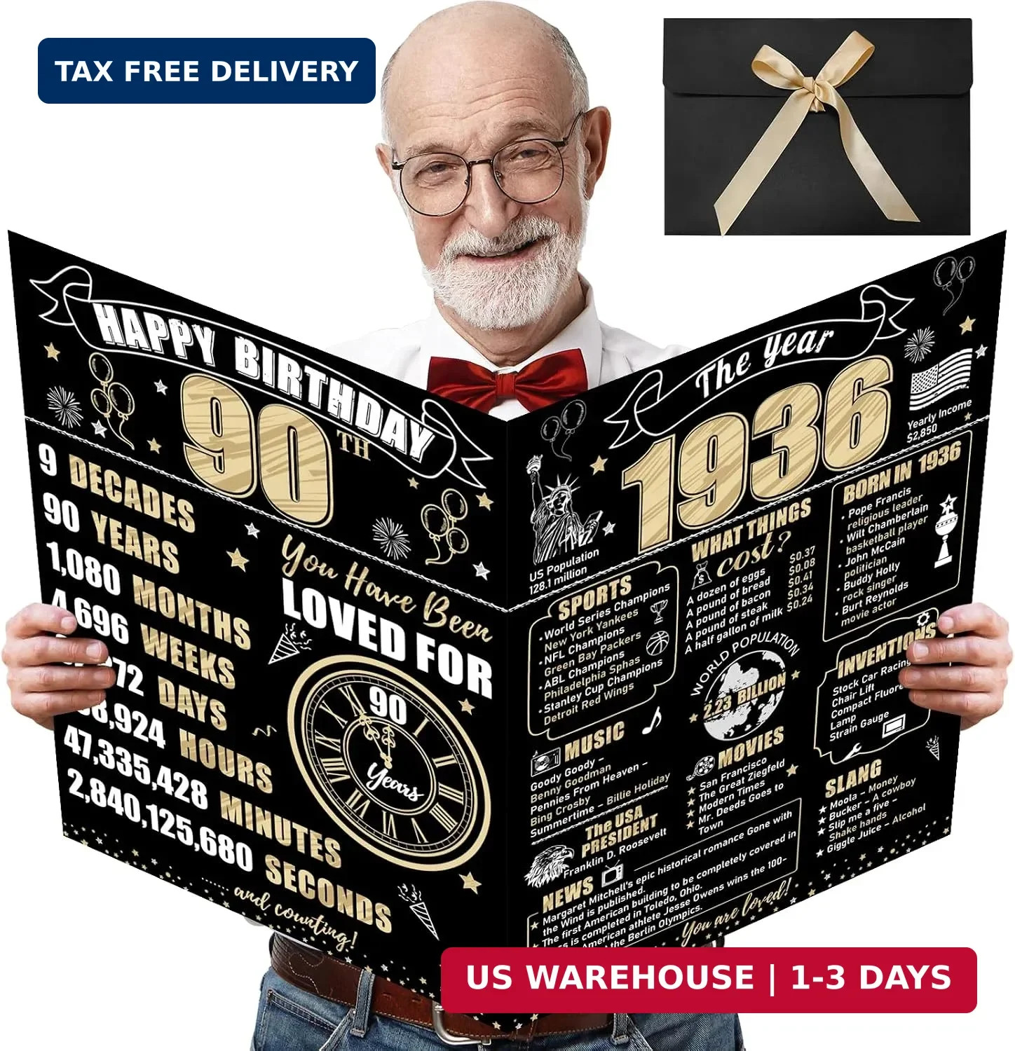 Turypaty Large 90th Birthday Card With Envelope for Men Women, 1936 Black Gold H Turypaty Large 90th Birthday Card With Envelope for Men Women, 1936 Black Gold H