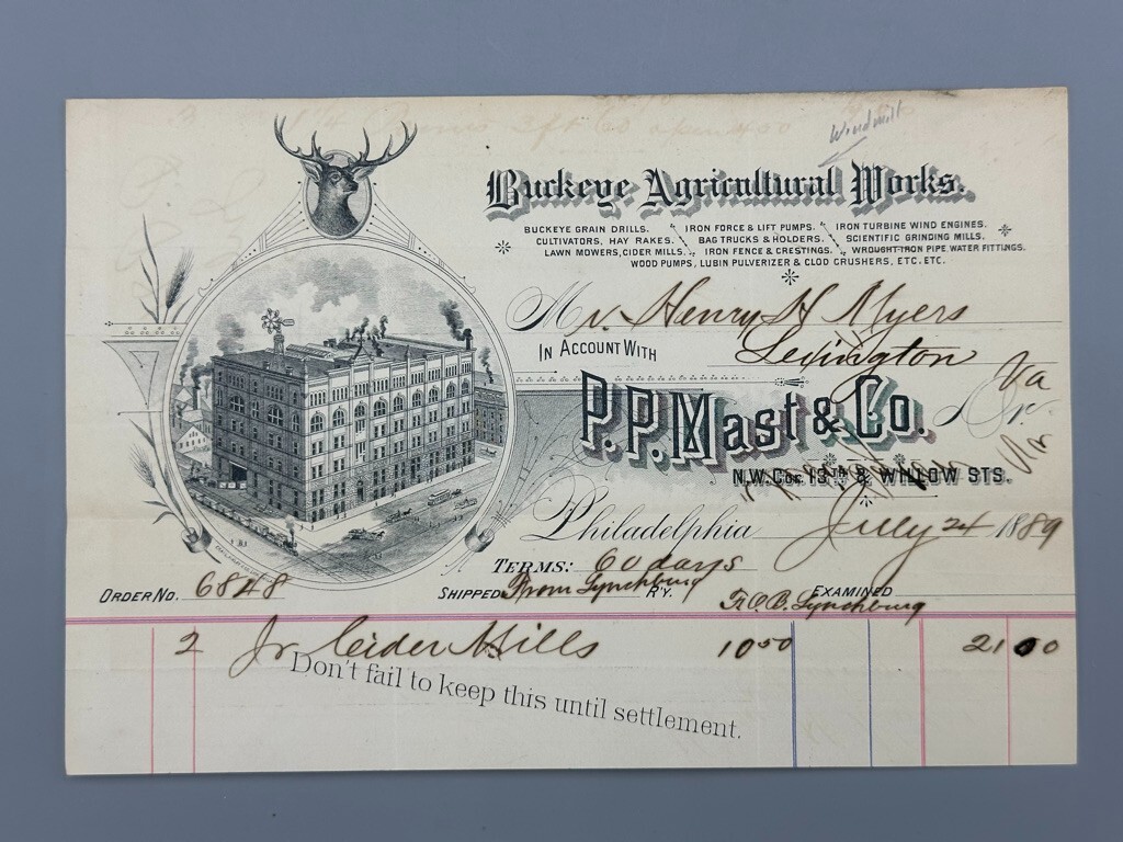 1889 BUCKEYE Agricultural Works PP Mast FARM ADVERTISING Recept WINDMILL on ROOF 1889 BUCKEYE Agricultural Works PP Mast FARM ADVERTISING Recept WINDMILL on ROOF