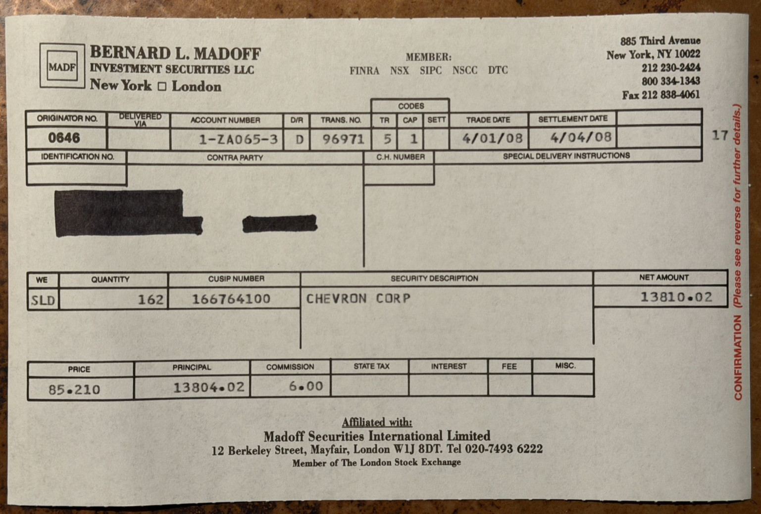 Bernard L. Madoff CHEVRON Stock Trade Execution Confirmation Slip Rare 2008 Bernard L. Madoff CHEVRON Stock Trade Execution Confirmation Slip Rare 2008