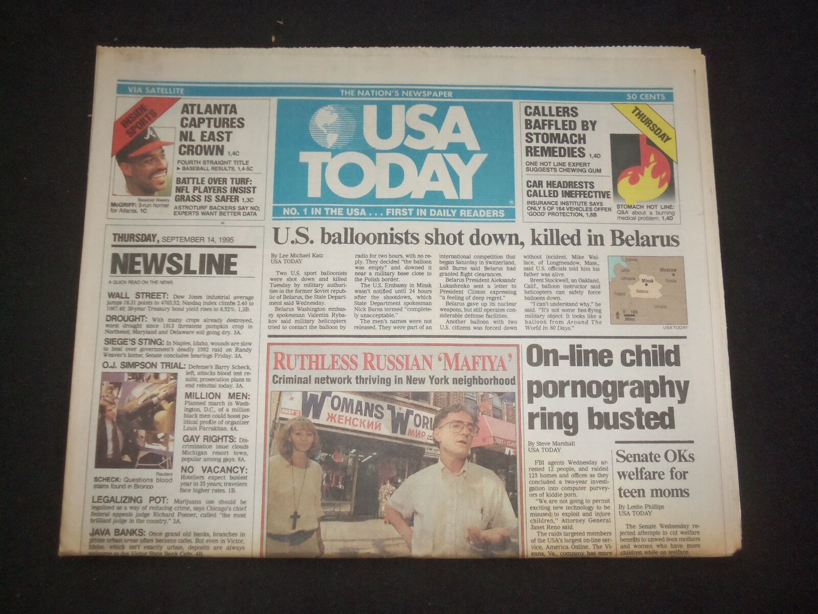 1995 SEPTEMBER 14 USA TODAY NEWSPAPER - U.S. BALLOONISTS KILLED BELARUS- NP 7804