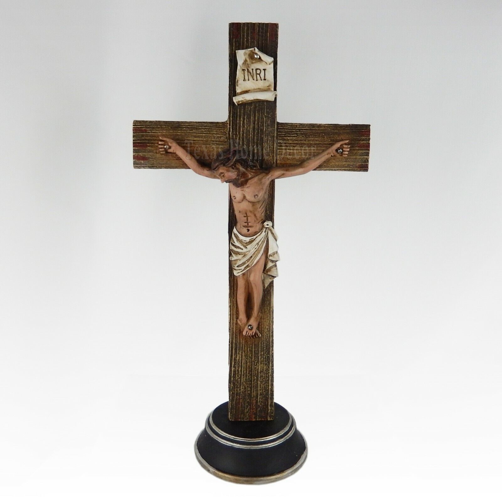 Crucifix Standing Cross INRI Jesus Religious Hand Painted Polyresin 12 3/8