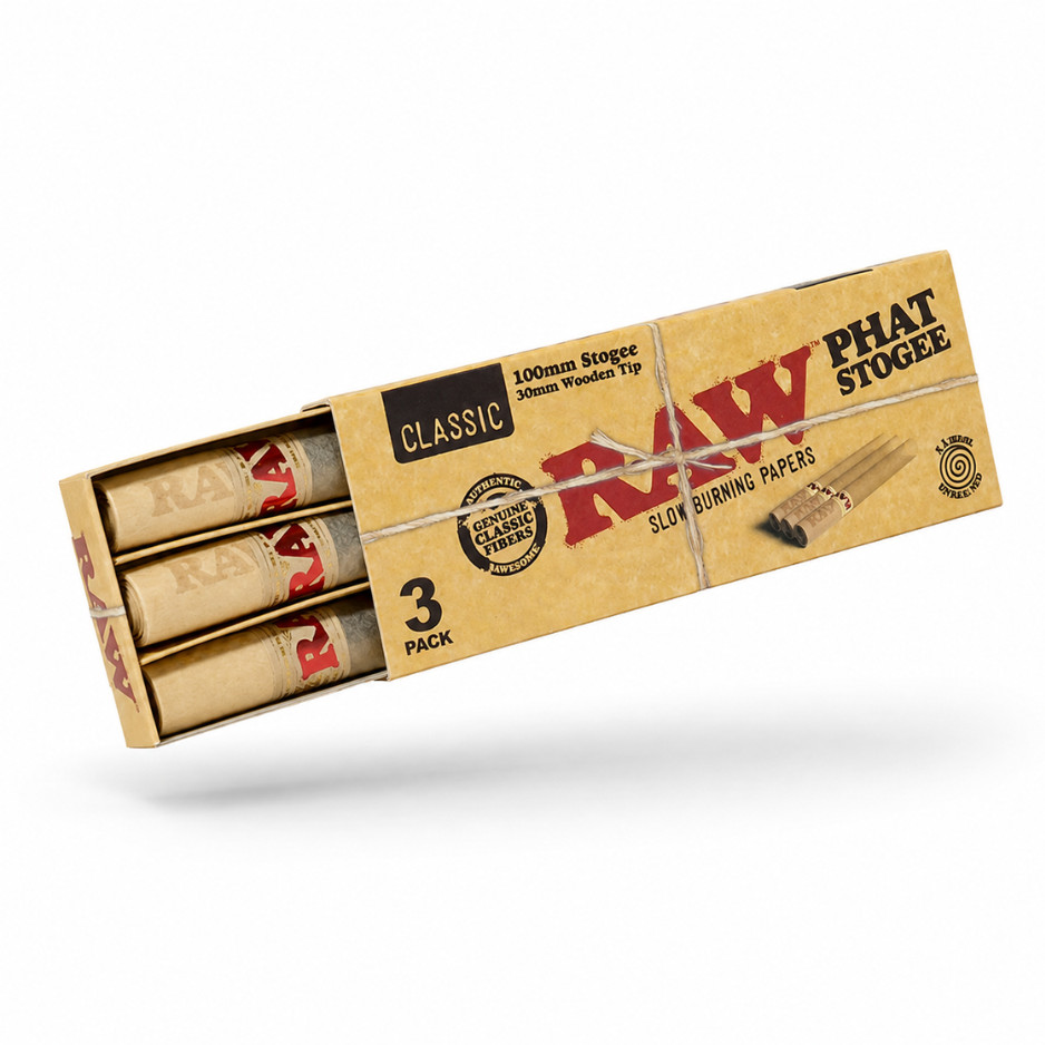 RAW Classic Phat Stogee Pre Rolled Cones 3 Pack 110mm Wooden Tip 11mm Spiral
