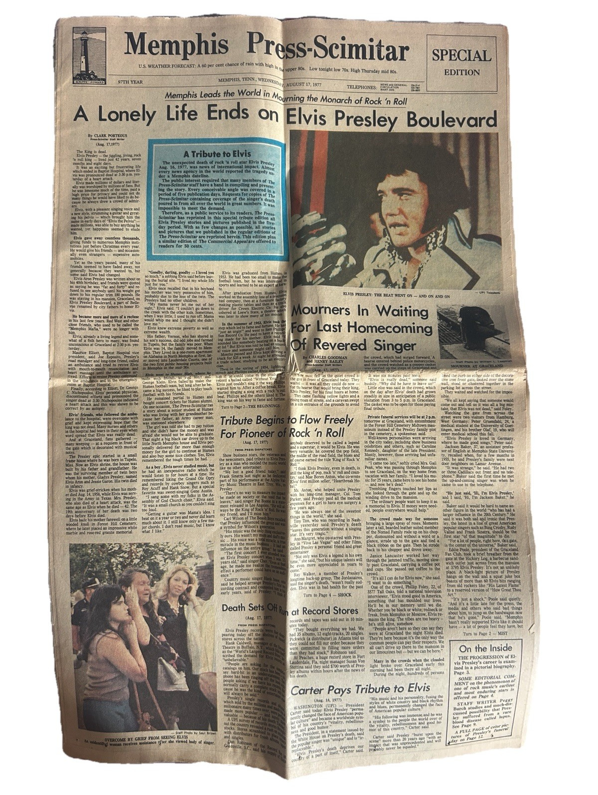 Memphis Press-Scimitar Special Edition Newspaper Aug 17, 1977 Elvis Presley Memphis Press-Scimitar Special Edition Newspaper Aug 17, 1977 Elvis Presley