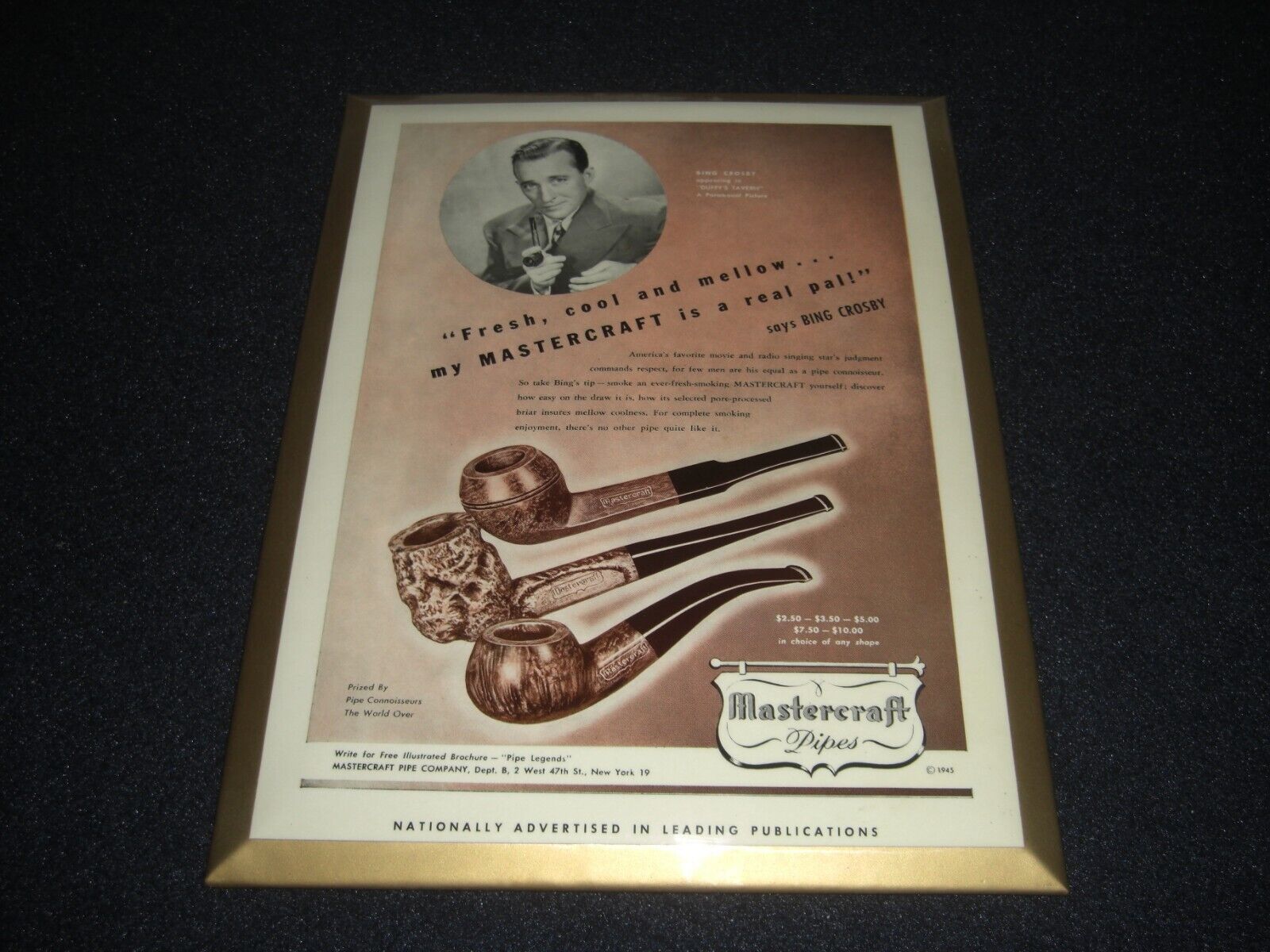 Mastercraft Pipes Advertising with Bing Crosby Metal with a Mylar Overlay 1945