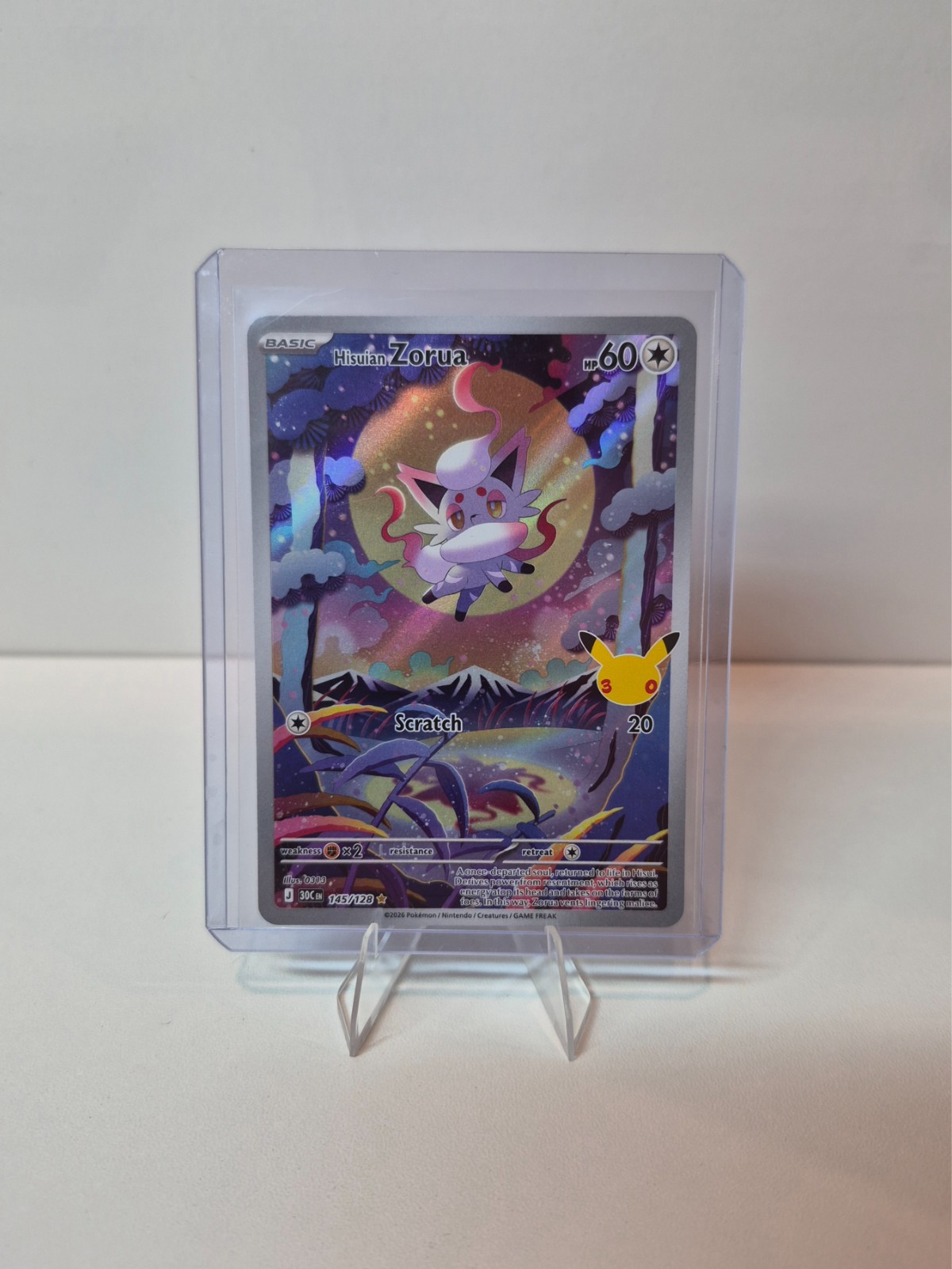 Pokémon 30th Anniversary Hisuian Zorua 145/128 Illustration Rare Holo English NM Pokémon 30th Anniversary Hisuian Zorua 145/128 Illustration Rare Holo English NM