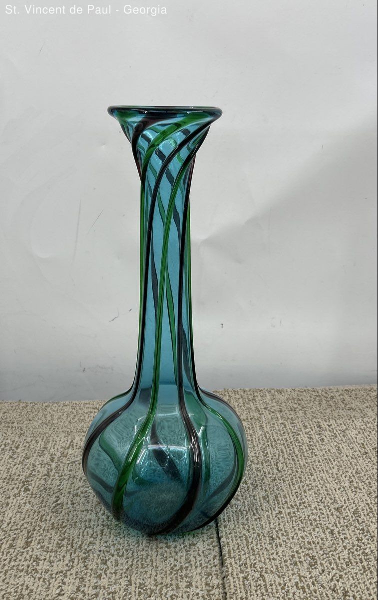 Large Vintage Mid Century Seguso Murano Art Glass Vase Turquoise Blue 17.75\