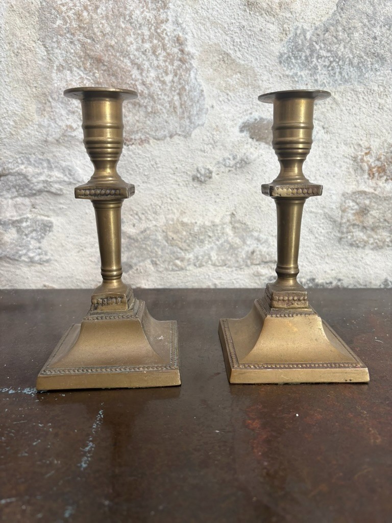 Pair of Antique Brass Victorian Candlesticks, Beaded Square Base