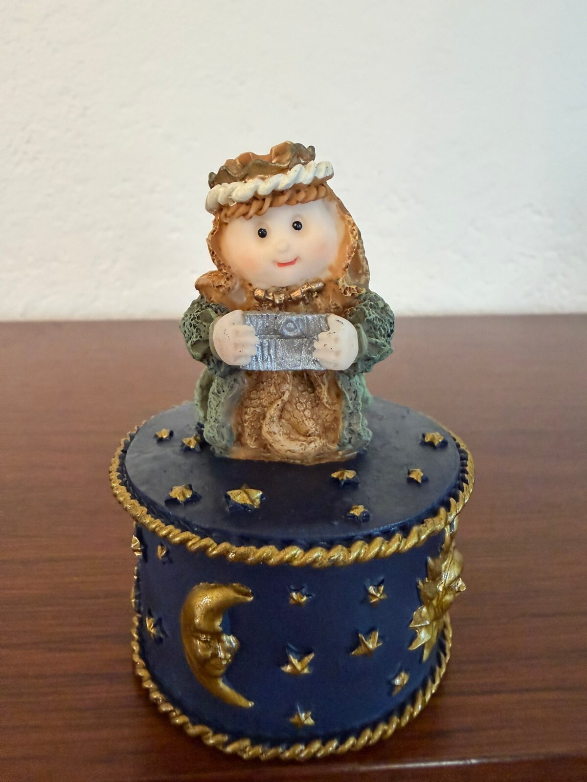 Vintage 90s Celestial Angel Trinket Box Sun Moon Stars Blue Gold