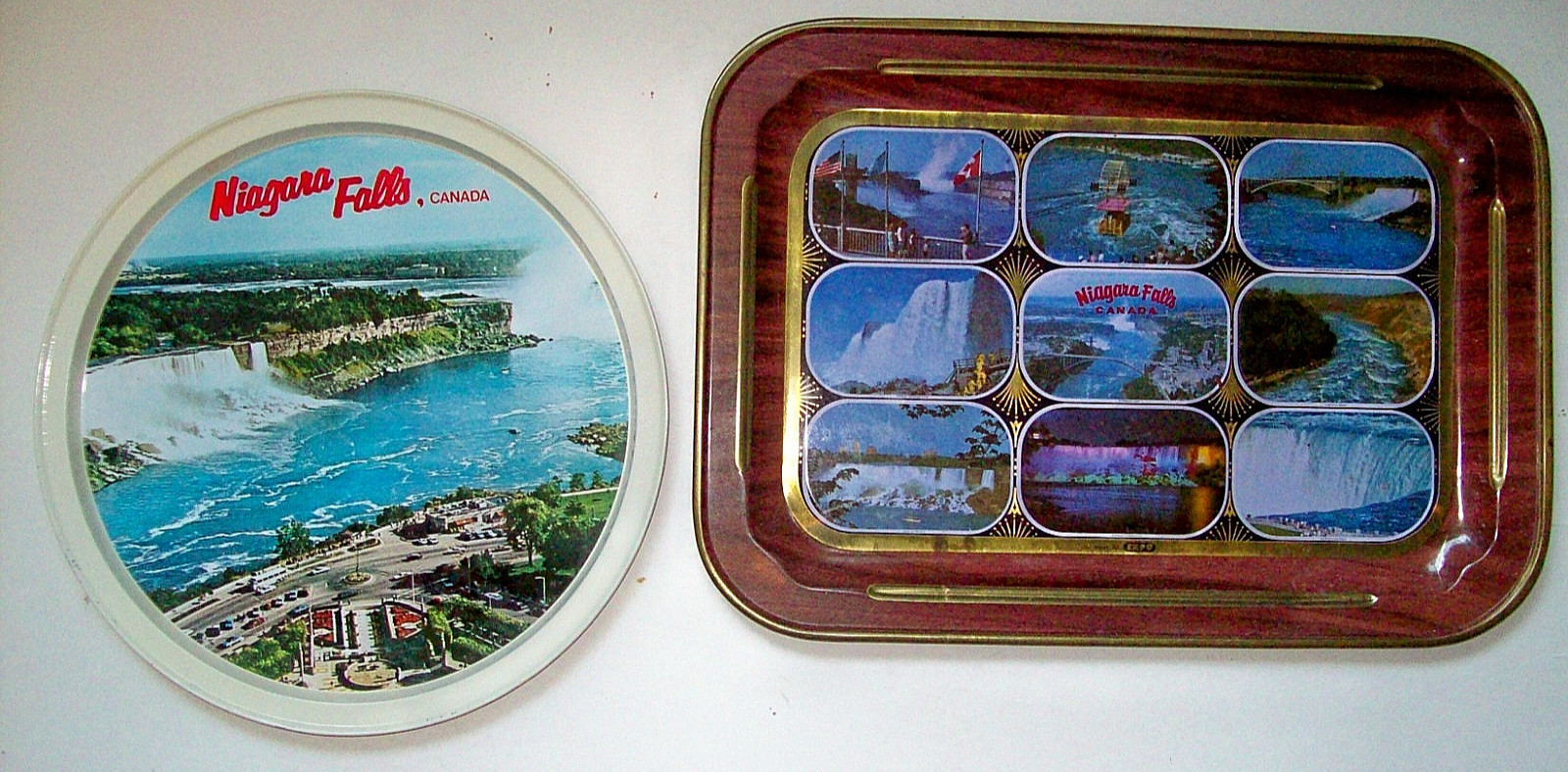 Two Vintage 1970s Niagara Falls Canada Serving Trays -One Round, One Rectangular Two Vintage 1970s Niagara Falls Canada Serving Trays -One Round, One Rectangular