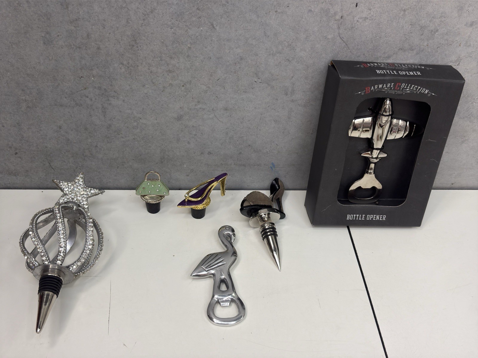 Lot 6 Novelty Bottle Stoppers Openers Airplane Flamingo Women\'s Shoe Barware Lot 6 Novelty Bottle Stoppers Openers Airplane Flamingo Women\'s Shoe Barware