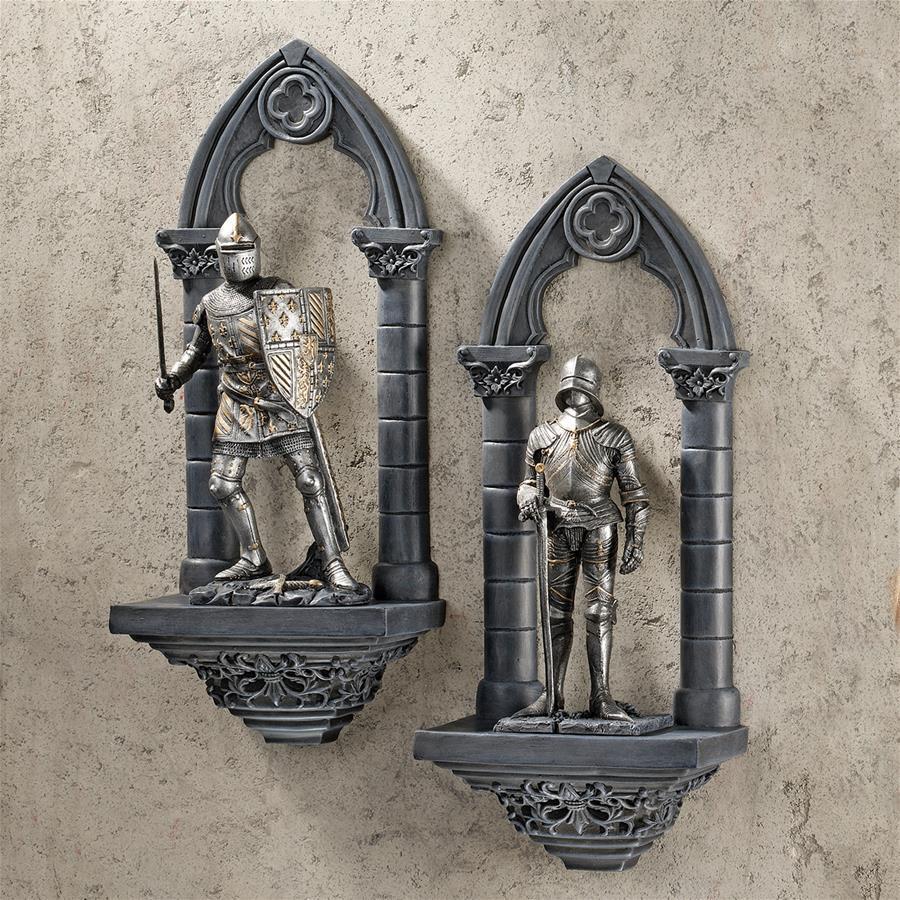 Set of 2: Medieval Architecture Battle Ready Knight Castle Wall Niche Sculptures