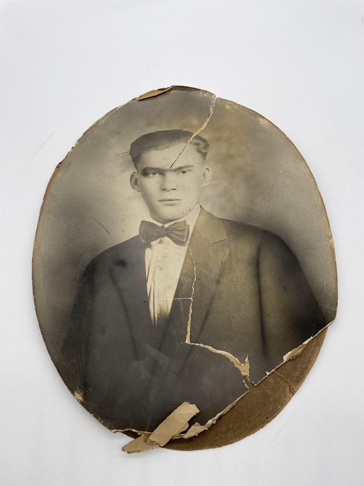 Antique Photo Man In Suit Bowtie,  Portrait Oval, 13 x 10 inch, See Pics Damage