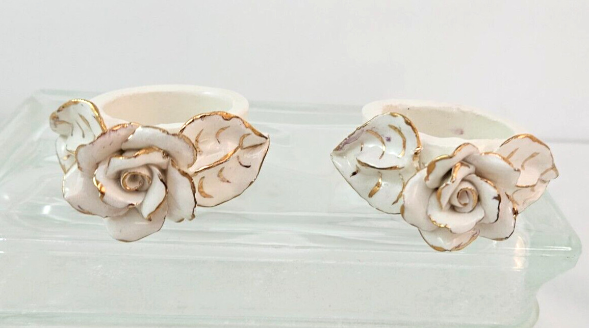 2 ROSE NAPKIN RINGS White & Gold~ Studio Art Pottery~ Regency Cottage Tea Party