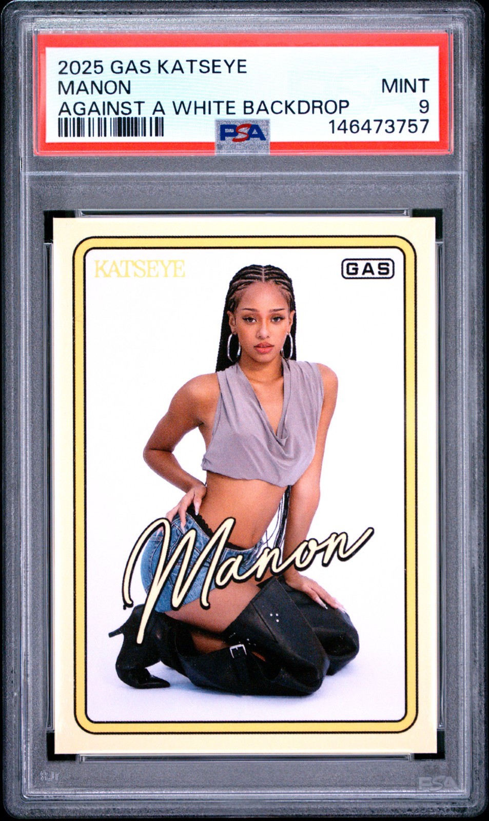 Katseye Manon 2025 GAS Trading Cards Against White Backdrop PSA 9 Mint RC Katseye Manon 2025 GAS Trading Cards Against White Backdrop PSA 9 Mint RC