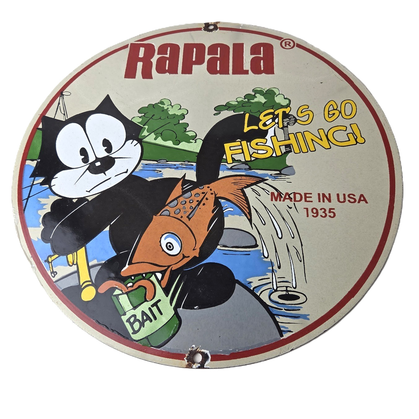 Vintage Rapala Fishing Lures Sign - Felix the Cat Porcelain Gas Pump Plate Sign