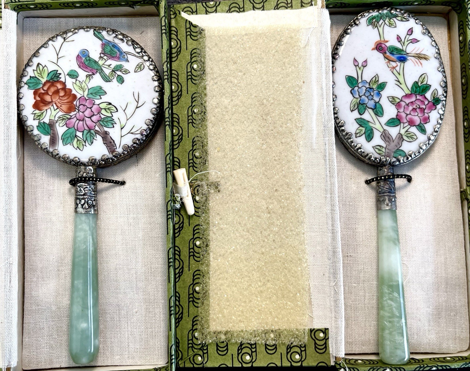 Vintage Chinese Hand Mirror Pair Jade-Like Handles Porcelain Birds Boxed