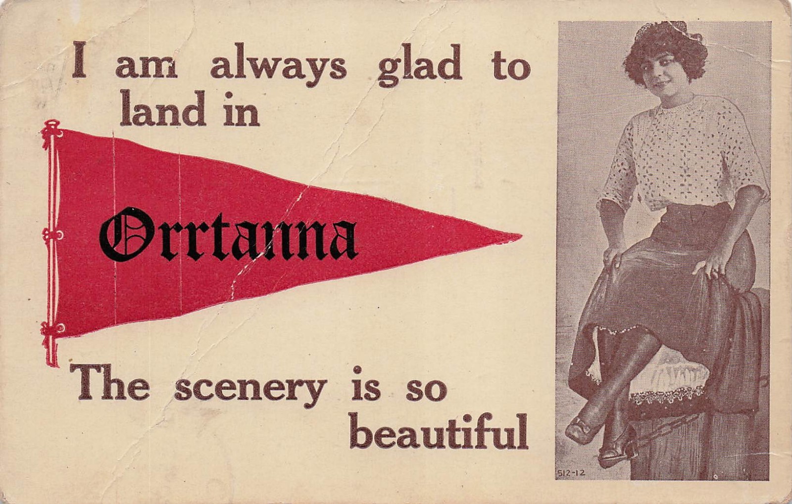 Orrtanna PA Pennsylvania Woman Beautiful Scenery Pennant Humor Vtg Postcard 26A