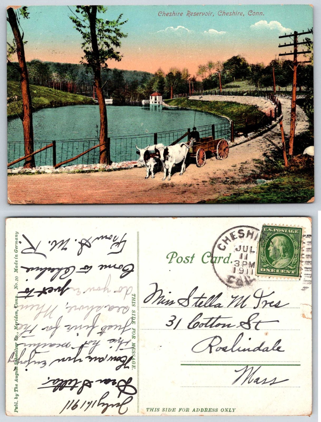 Cheshire Reservoir Cheshire Connecticut Oxen Cart Postcard AY109
