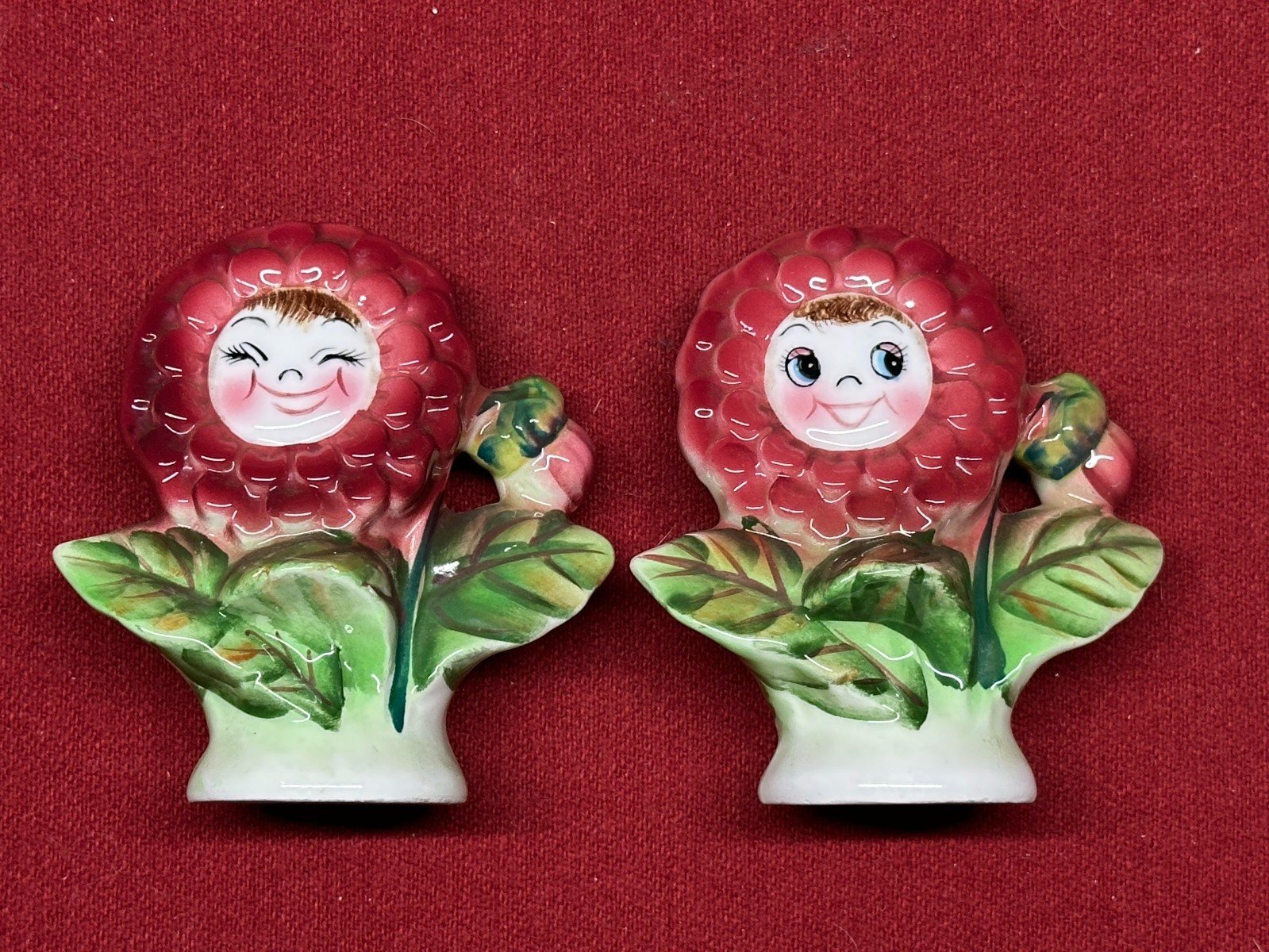 Vintage PY Japan Anthropomorphic Flower Face Salt & Pepper Shakers Pink Dahlia