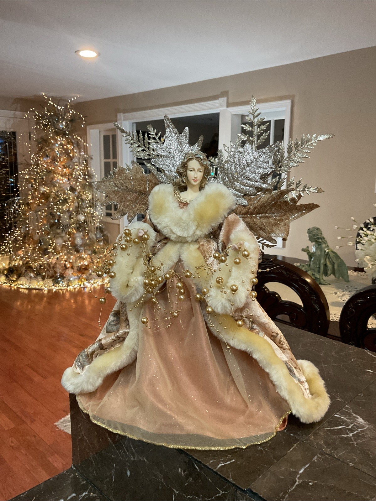 Christmas Angel Tree Topper Gold Ivory Elephant Velvet Gown 14”Tall 13” Wide