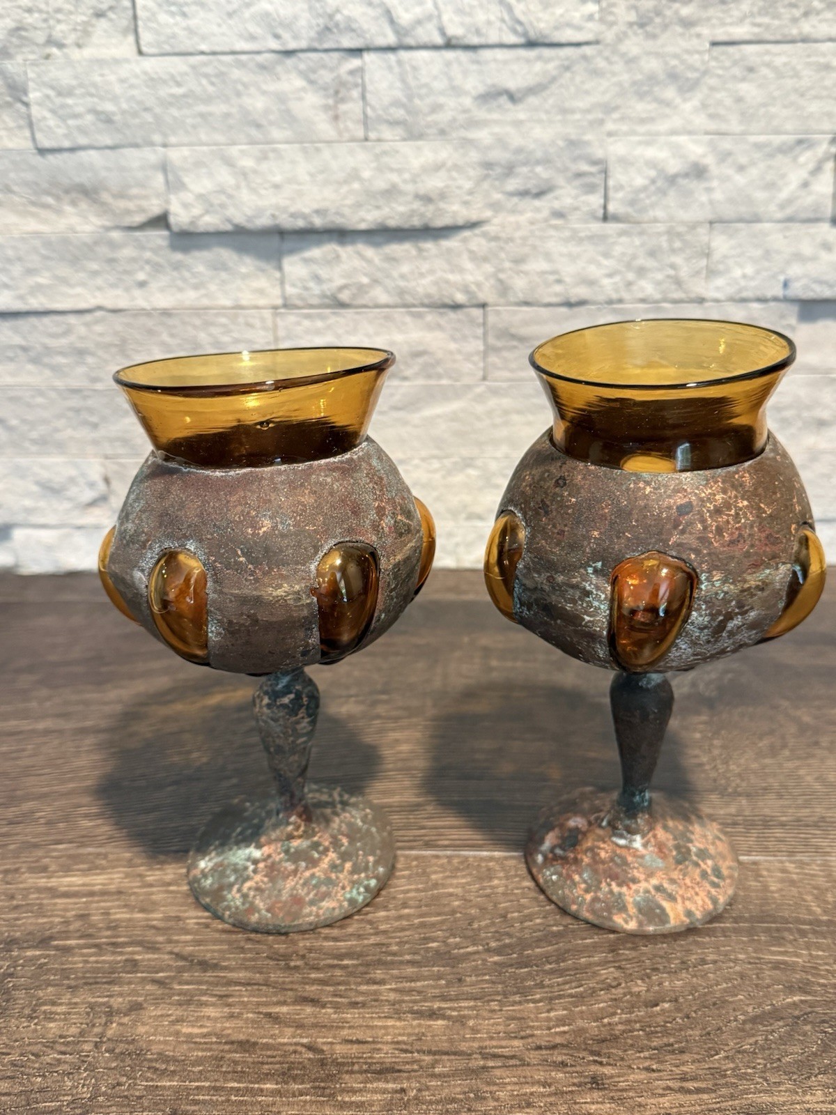Vintage Brutalist Cage Blown Glass Goblets Amber Imprisoned Chalice - Pair Of 2