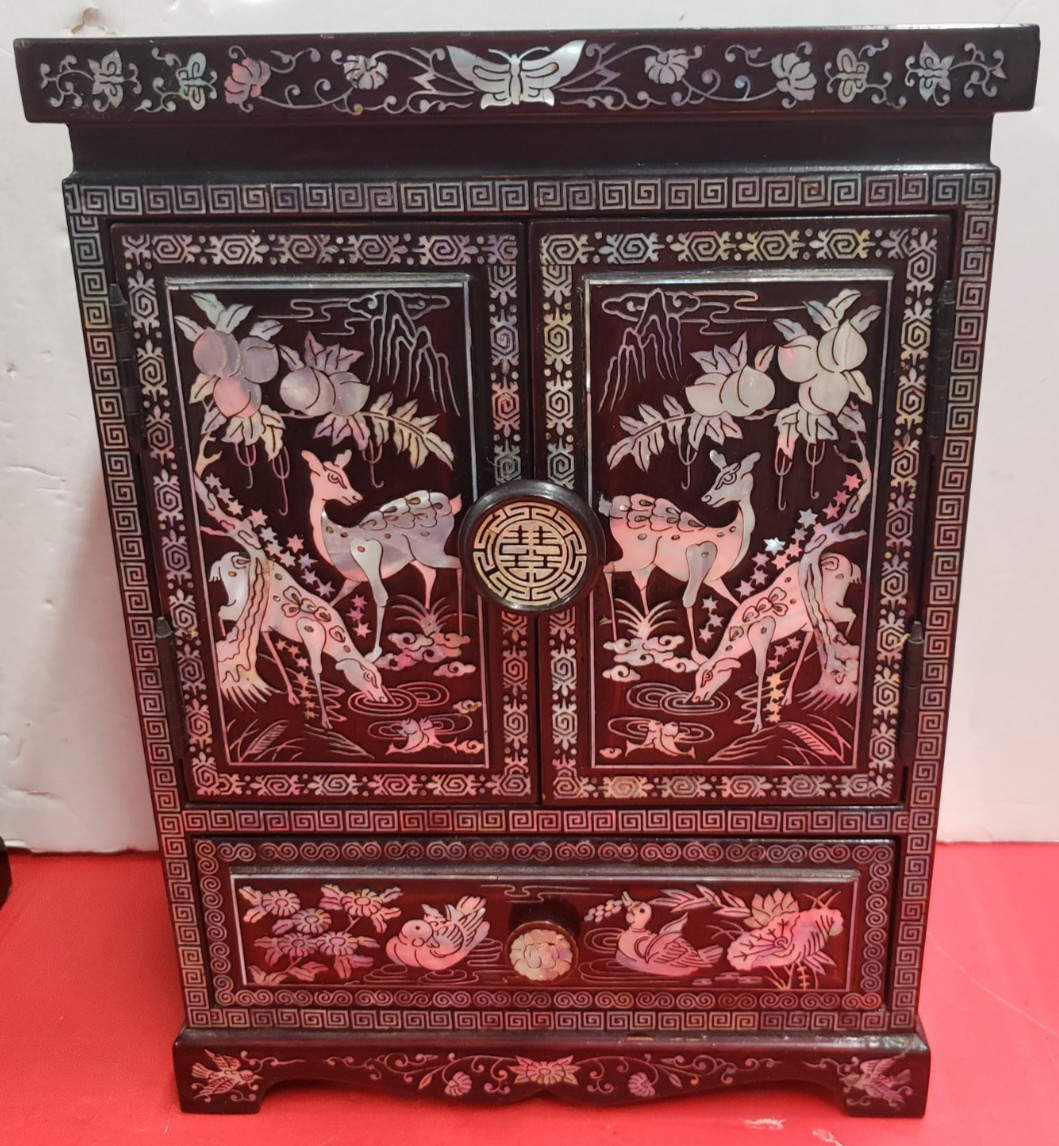 Vintage Asian Oriental Dark Brown Mother of Pearl Jewelry Box Chest Cabinet