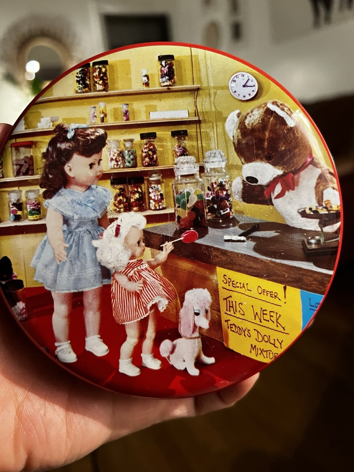 RARE Vintage Doll Candy Store Tin Box,Teddy Bear,Poodle Dog,Arthur Holland Toffe