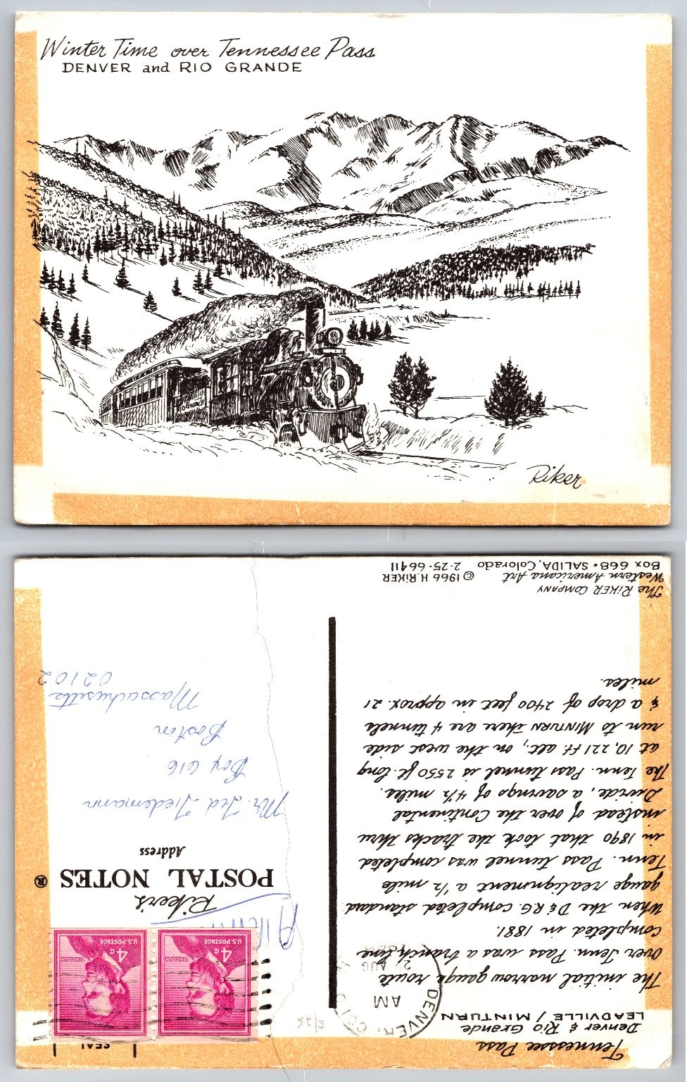 1966 Denver & Rio Grande Tennessee Pass Winter Train Postcard Colorado 1966 Denver & Rio Grande Tennessee Pass Winter Train Postcard Colorado