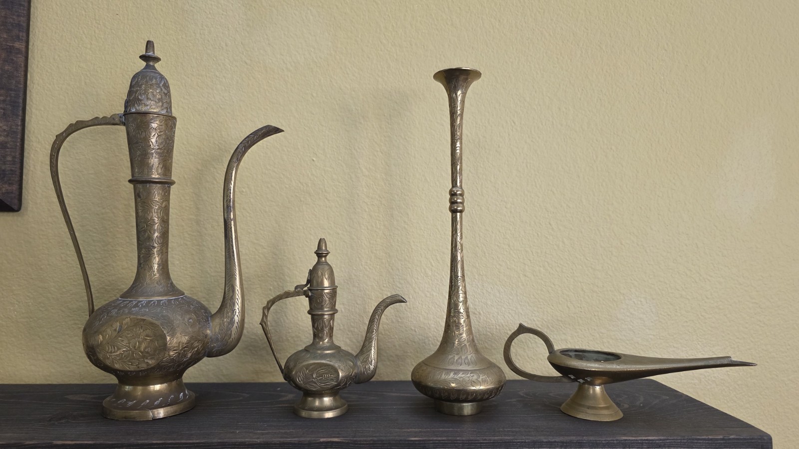 Vintage Hand Engraved Brass Decor Set – 4 Pieces Made in India Vintage Hand Engraved Brass Decor Set – 4 Pieces Made in India