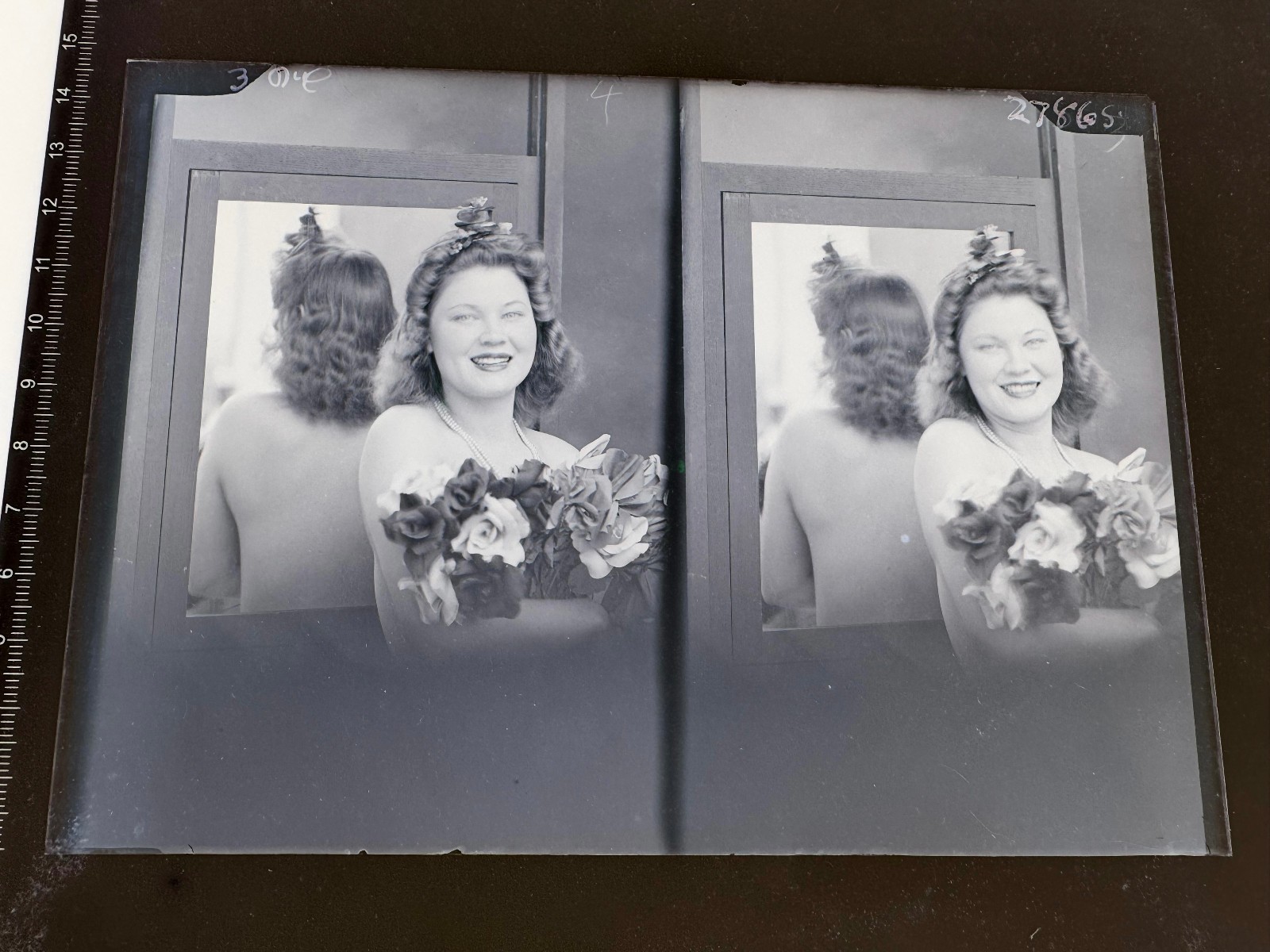 Vintage B/W Glass Stereo Negative Of Pretty Debutante Vintage B/W Glass Stereo Negative Of Pretty Debutante
