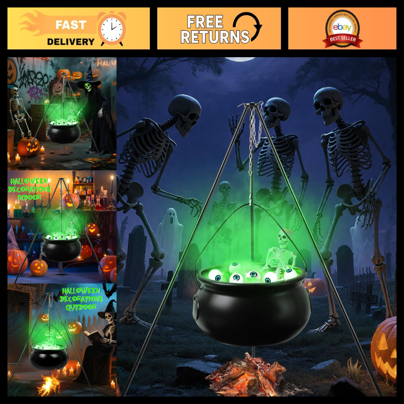 Large Witch Cauldron Decoration with Tripod, Green Lights & Skull - Halloween Ou