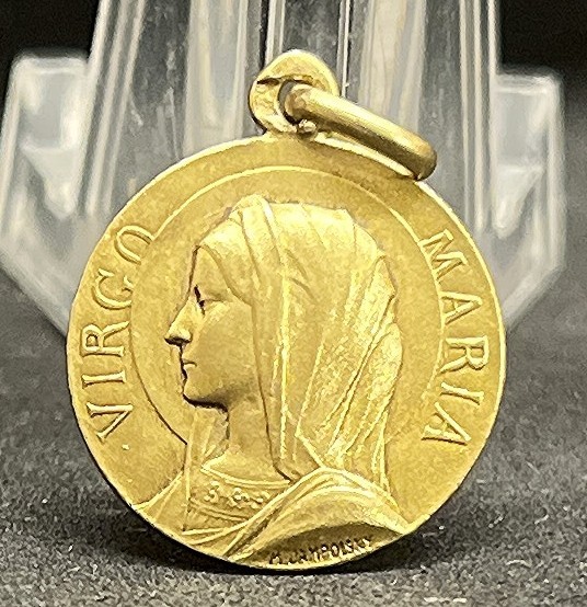 Antique Edwardian Religious medal Virgin Mary Signed M Jampolsky Gold filled 18k