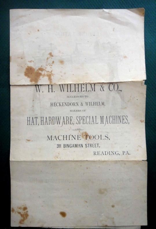 1883 antique WH WILHELM & Co HAT MACHINE CATALOG reading pa AD tool hardware 4pg
