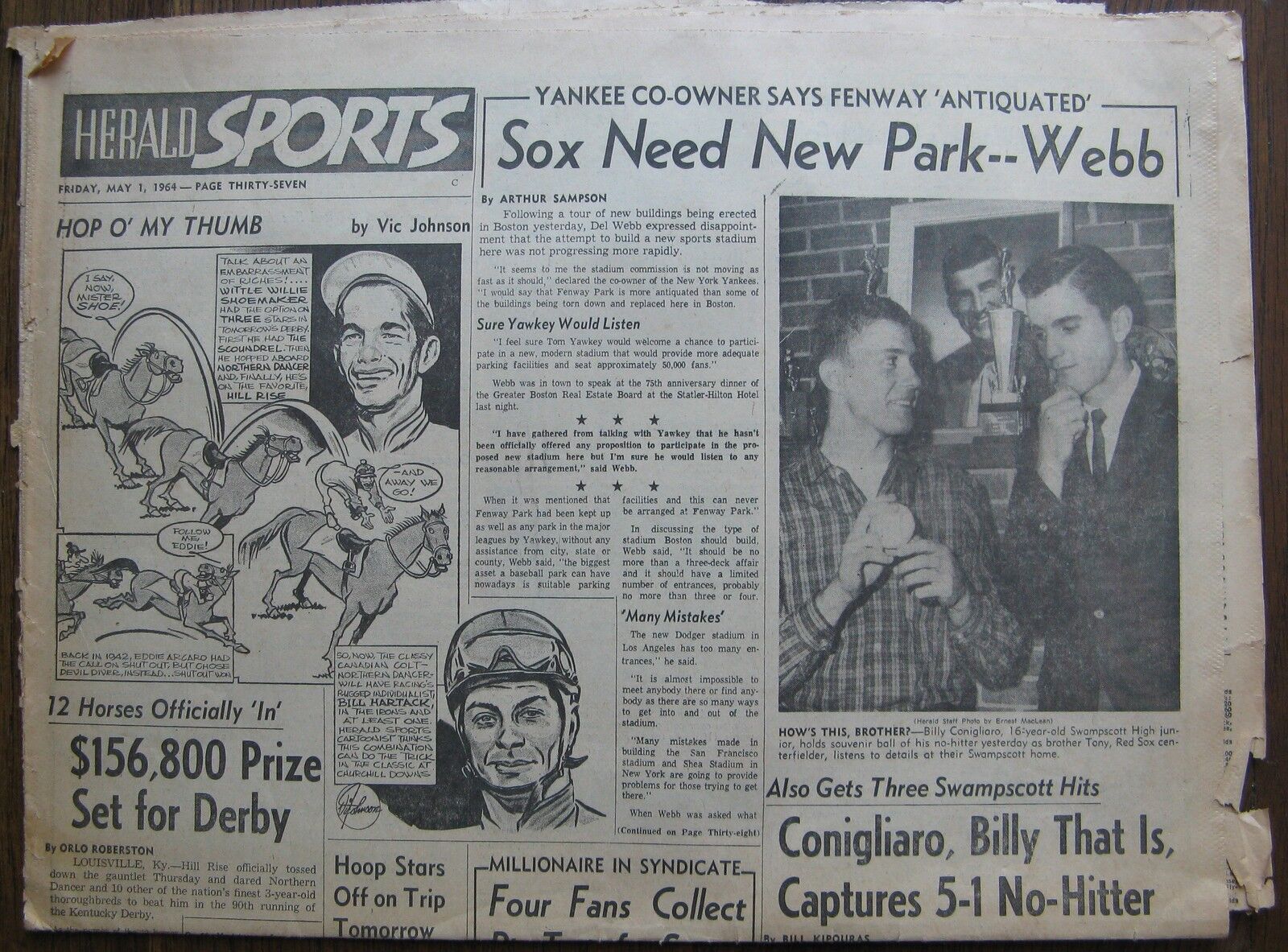 Boston Red Sox Billy & Tony Conigliaro - May 1, 1964 Boston Herald Sports Page