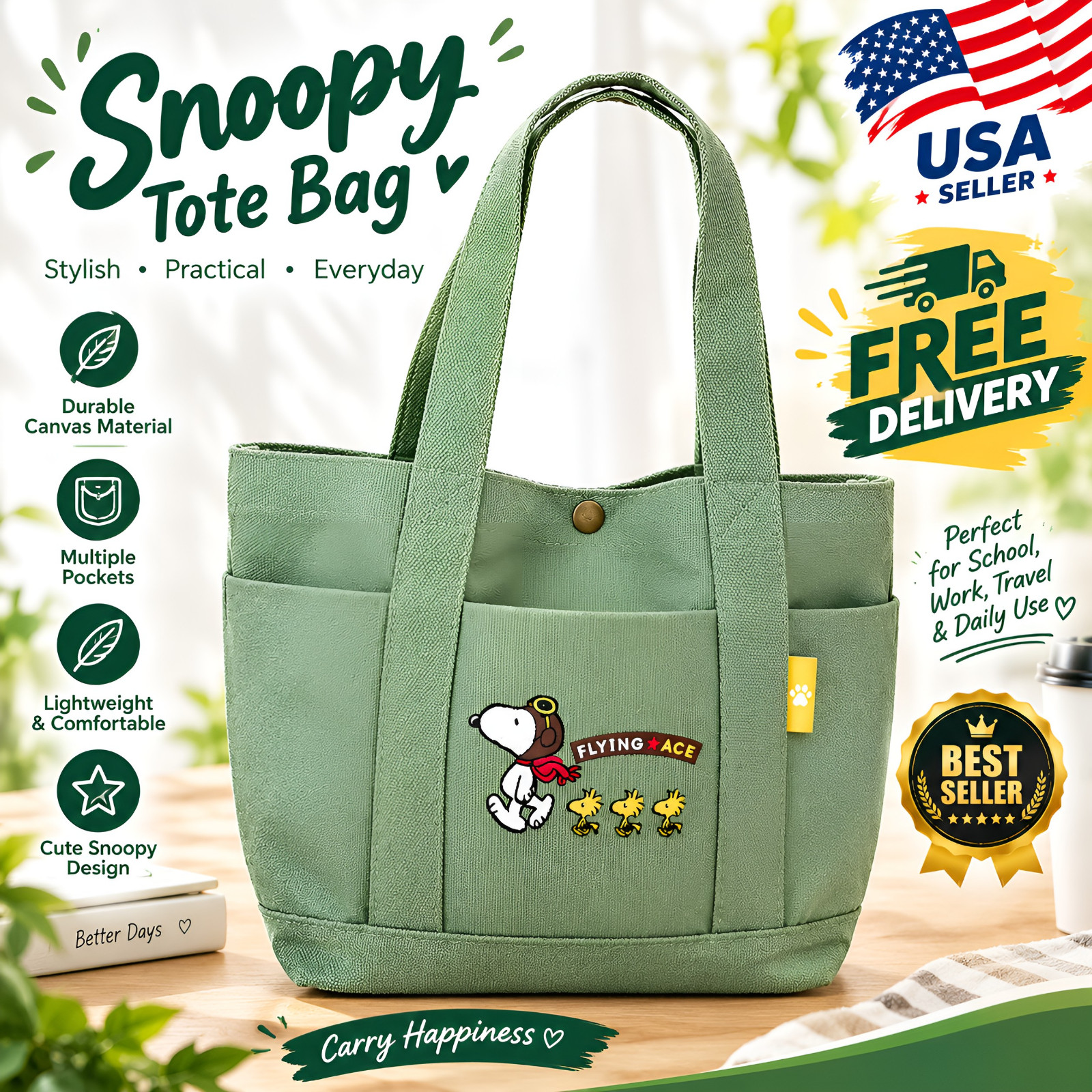 Starbucks Snoopy Tote Bag Shoulder Bag WHITE/GREEN Color Starbucks Snoopy Tote Bag Shoulder Bag WHITE/GREEN Color