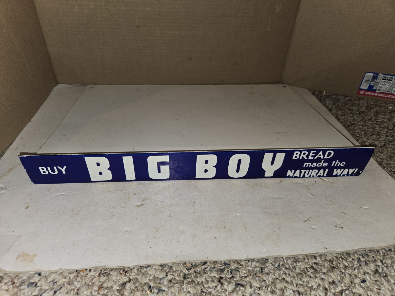 Vintage 40s Big Boy Bread Porcelain Shelf Strip Sign,Blue,White,18 Vintage 40s Big Boy Bread Porcelain Shelf Strip Sign,Blue,White,18
