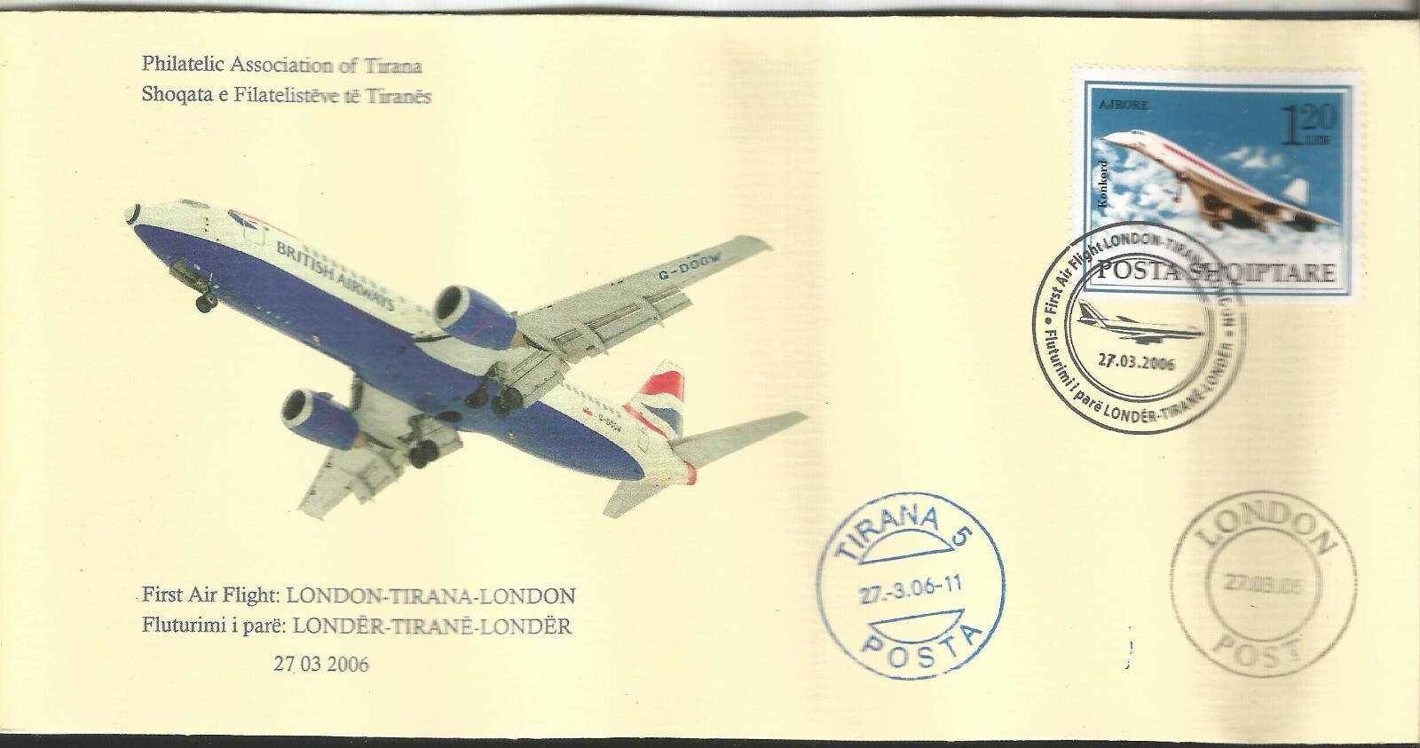 Albania Albanien 2006 Philatelic Cover First Flight London Tirana Airmail Stamp Albania Albanien 2006 Philatelic Cover First Flight London Tirana Airmail Stamp