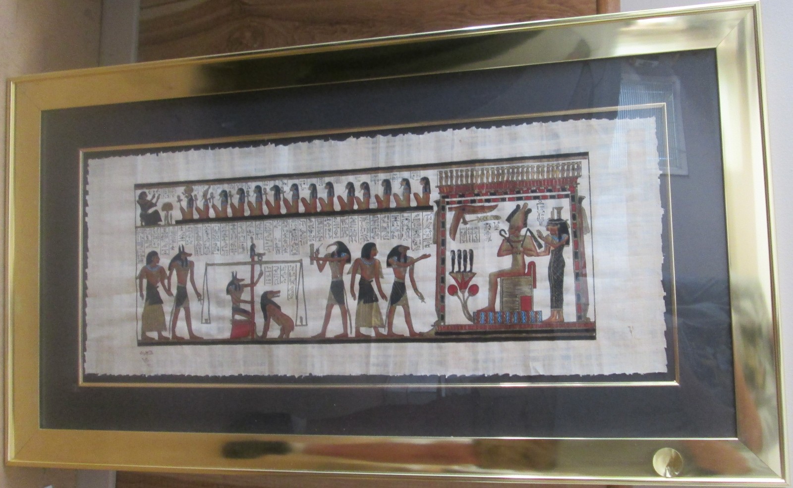 FRAMED EGYPTIAN INTRICATELY HAND PAINTED \' WEIGHING OF THE HEARTS\'  ON PAPYRUS