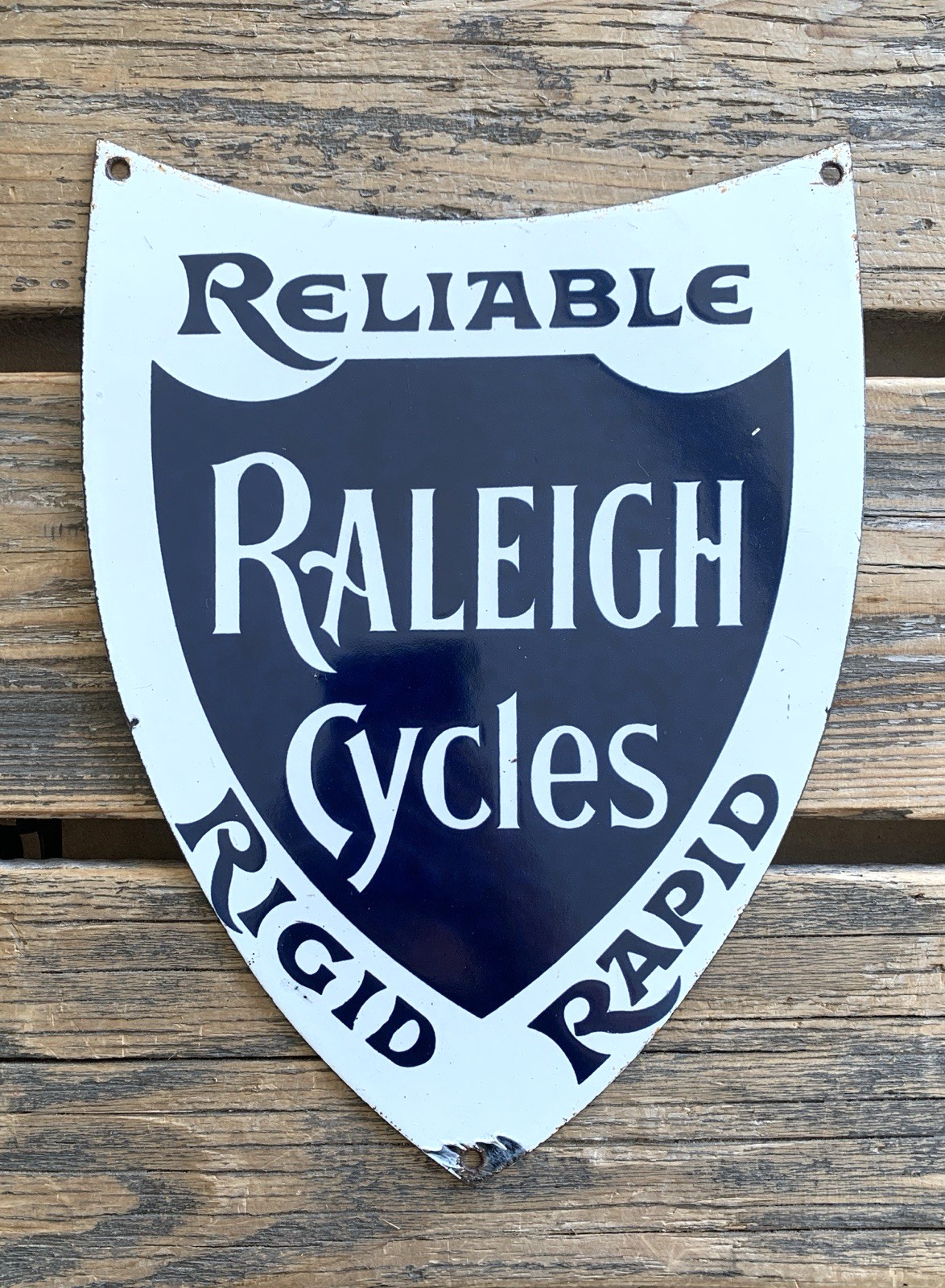 VINTAGE RELIABLE RALEIGH CYCLES RIGID RAPID GAS OIL PORCELAIN GASOLINE AD SIGN