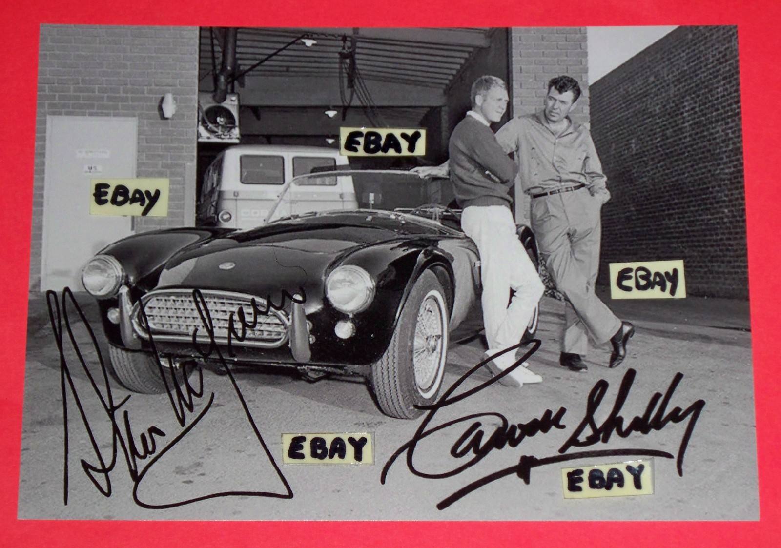 5X7 Vintage Photo Carroll Shelby & Steve McQueen With AC Cobra With Autographs
