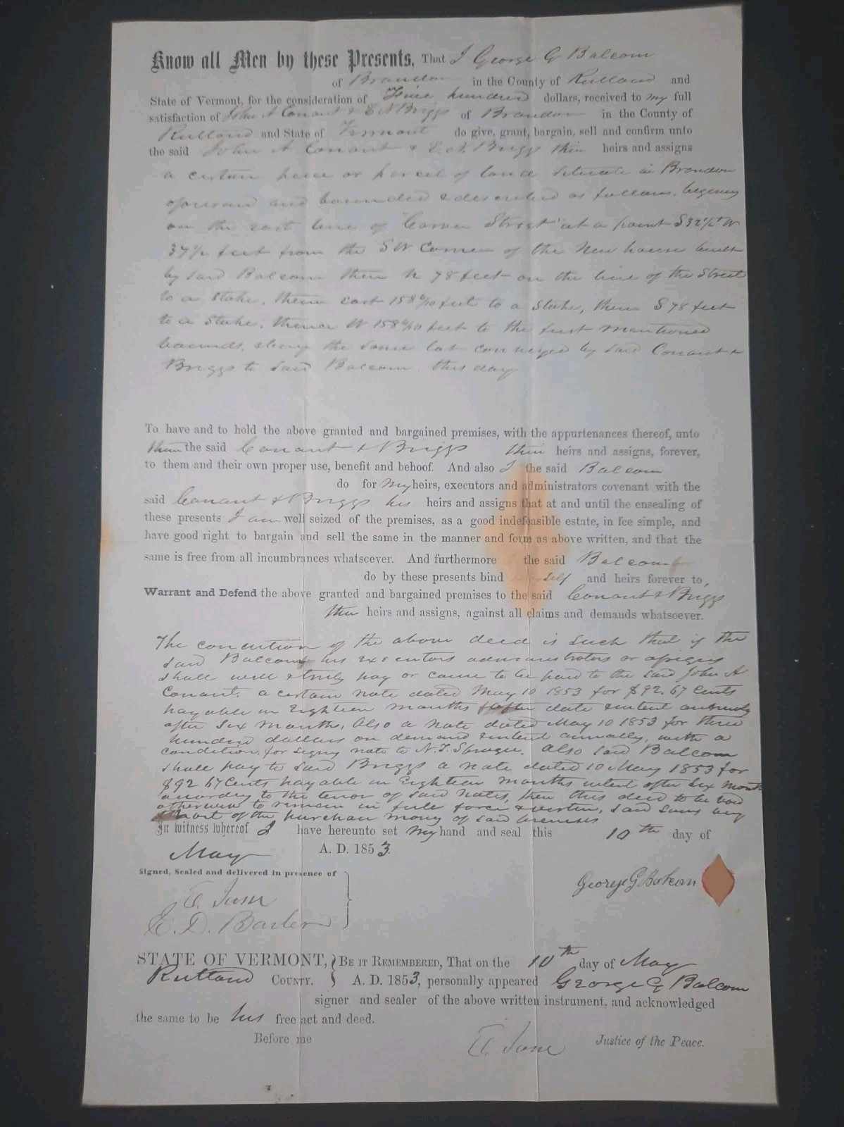 1853 Brandon Land Deed Mortgage George Balcom John Conant Rutland County Vermont