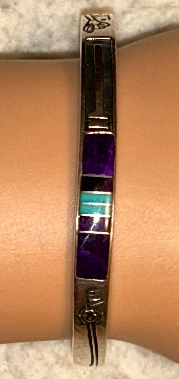 Vintage Zuni Corn Maiden Channel Inlay Sugilite & Turquoise Sterling 6-1/4” Cuff