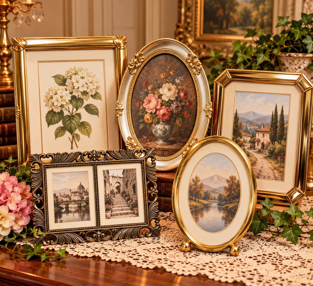 Vintage Gold Tone Metal Picture Frames Lot of 6 Hollywood Regency Ornate Decor