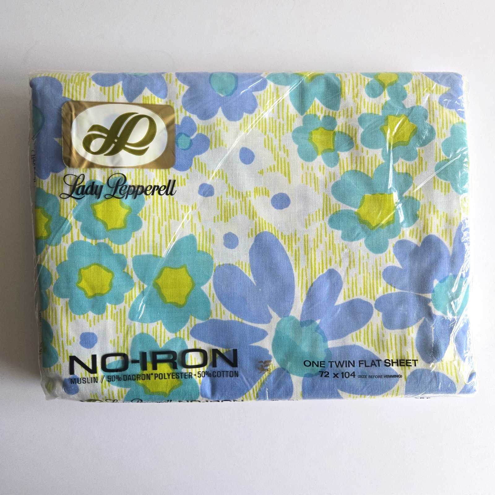 VTG 70's LADY PEPPERELL Twin Flat Sheet NOS Mod Blue Green Floral Cottagecore