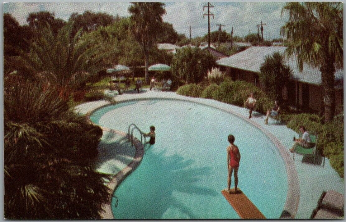 Corpus Christi, Texas Postcard RANCH MOTEL / Girl on Pool Diving Board c1950s